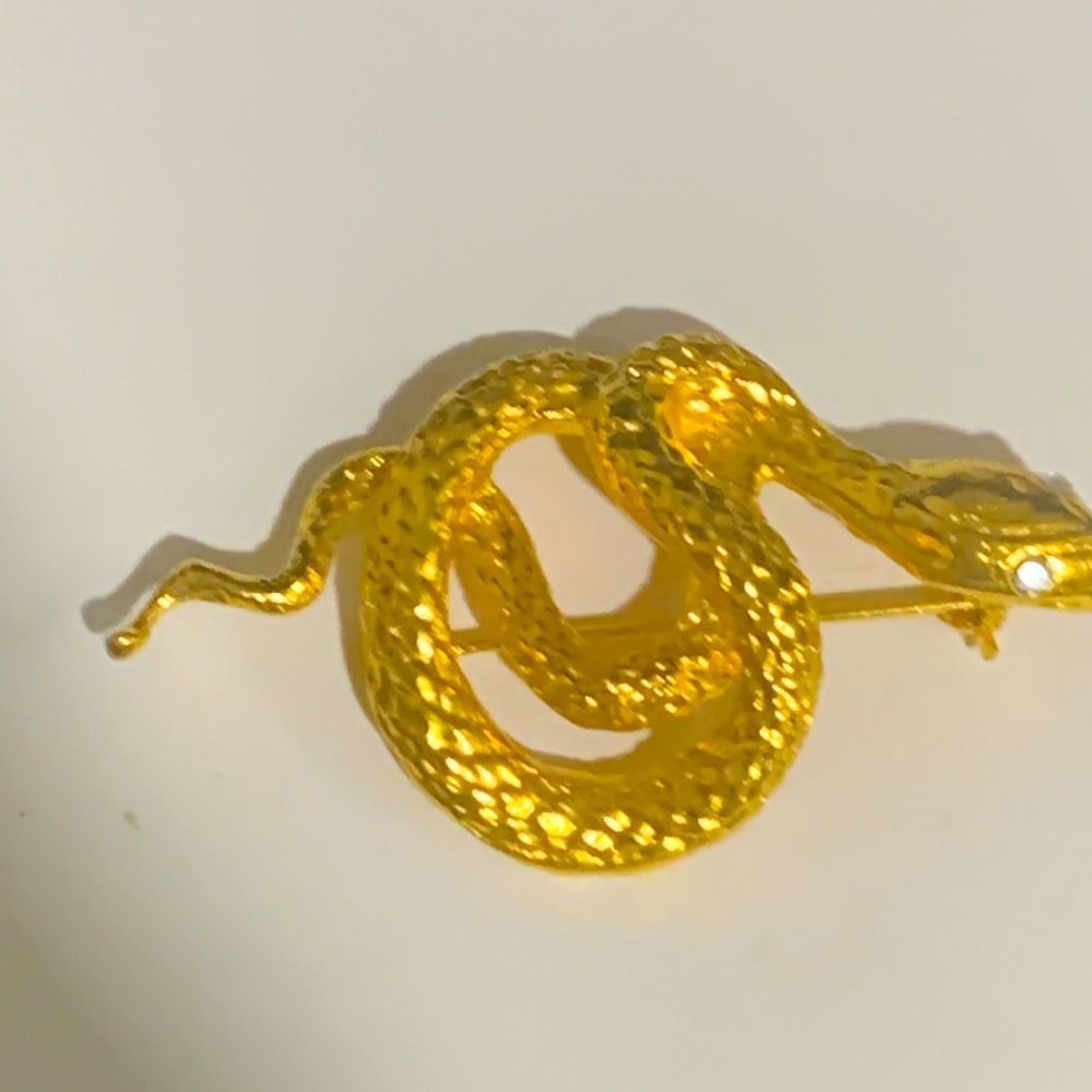 Gold Tone Snake Brooch with Glass Eyes